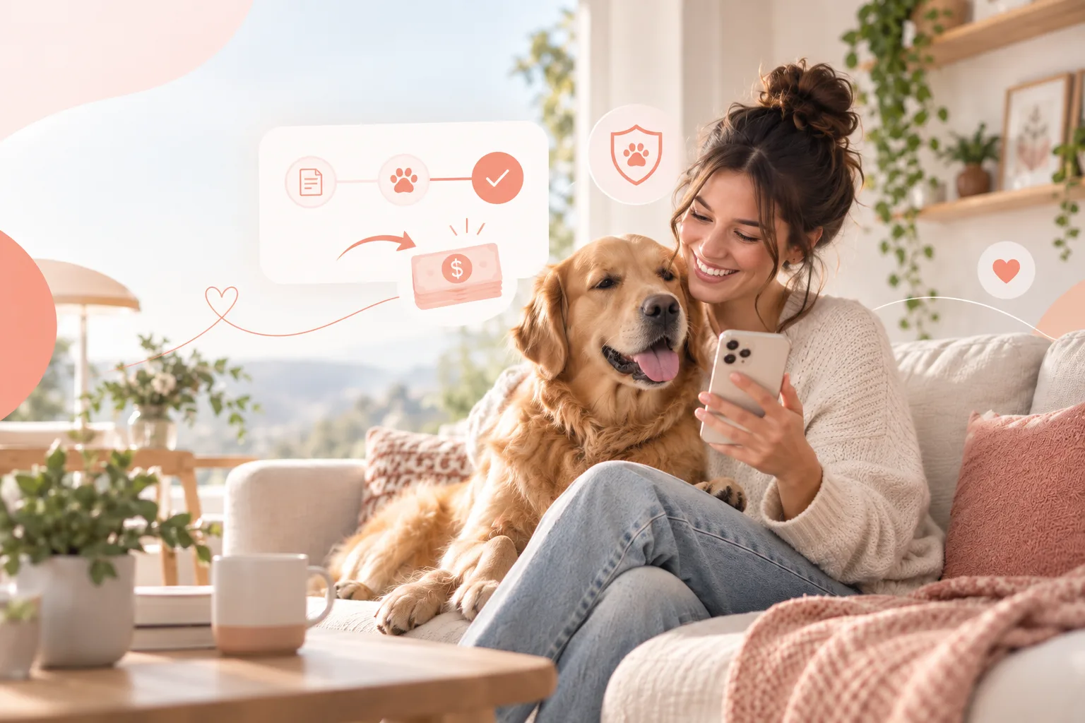 Pet owner checking a phone while seated beside a dog